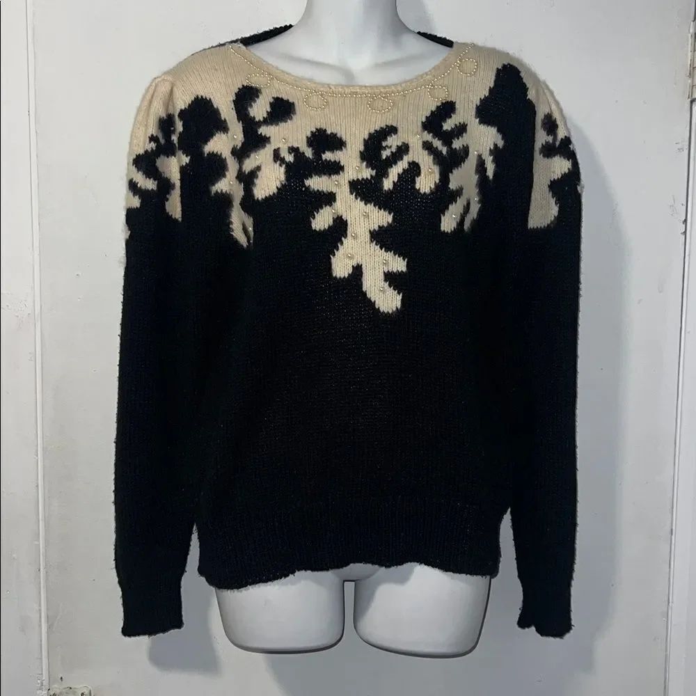 IMARI Vintage Angora Blend Beaded Black and White Sweater-M